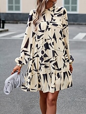 cheap Casual Floral Dresses-Women&#039;s Mini Dress Casual Dress A Line Dress Stylish Casual Vacation Daily Regular Fit Floral Long Sleeve Stand Collar Green Apricot Summer