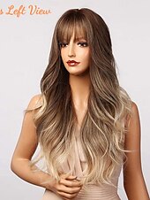baratos Perucas Sintéticas sem Touca-peruca marrom claro com franja longa ombre perucas onduladas para mulheres brancas, cabelo sintético branco acinzentado resistente ao calor, natural melhores perucas para halloween/natal/cosplay/festa