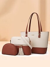 economico Borsette e borse tote-elegante set di borse da donna bicolore patchwork con decorazione a nappe - borsa a mano, borsa a tracolla e borsa piccola - perfette per il tempo libero quotidiano, per andare al lavoro