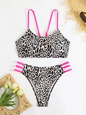 abordables Ensemble de bikinis-Maillots de bain pour femmes Bikini 2 pièces Maillot de bain échancré Sans dos Slim Vêtements de plage de vacances Léopard Col scoop sans manches
