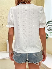 voordelige Dames eenvoudige tops-Dames Overhemd Blouse Effen Kleur Elegant Stijlvol Basic Korte mouw V-hals Normale tops Dagelijks Geborduurd Wit Zomer Lente