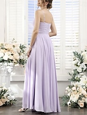 baratos Vestidos para Madrinhas-Linha A Vestido de Madrinha Decote V / Com Alças Finas Sem Manga Elegante Longo Chiffon com Pregas / Fenda Frontal / Franzido 2022