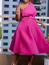 preiswerte Kentucky Kleid-Kentucky Derby Damen Midi Kleid A-Linie Kleid Fit And Flare Kleid Elegant Formal Party Hochzeitsgast Verlobung Reguläre Passform Grafisch Ärmellos Eine Schulter Weiß Pink Rot Fuchsia
