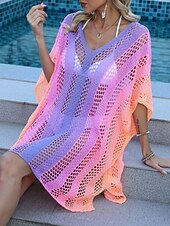 abordables Robes de plage-Maillots de Bain Femme Couverture Robe de Bain Maillot de Bain Découpe Vacances Plage Vêtements Ombre Col en V Manches Longues Maillots de Bain