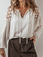 preiswerte Damen Arbeitsoberteile-Damen Bluse Feste Farbe Stilvoll Brautkleider schlicht Langarm V Ausschnitt Normale Oberteile Arbeit Täglich Festtage Spitze Patchwork Weiß Frühling Herbst Winter