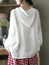 cheap Shirts-Women&#039;s Shirt Cotton Linen Shirts Button Up Blouse Solid Color Basic Casual Long Sleeve Hooded Regular Tops Daily Buttons White Red Blue Beige Summer