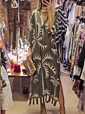 ieftine Rochii Boho-Pentru femei Rochii Midi Rochie casual Rochie A line Rochie Boho Stilat Casual Vacanță Zilnic Fit regulat Grafic Lungime Manșon 3/4 În V Roz Îmbujorat Kaki Verde Militar Vară