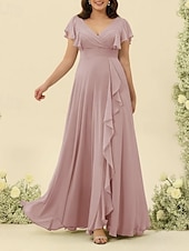 baratos Vestidos para Madrinhas-Linha A Vestido de Madrinha Decote V Manga Curta Elegante Longo Chiffon com Fru-Fru / Franzido 2022