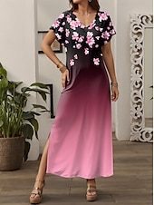 billiga Blommig klänning-Dam Maxiklänning Vardagsklänning A linjeklänning Stylish Ledigt Semester Dagligen Normal Blommig Kortärmad V-hals Rodnande Rosa Vår Höst