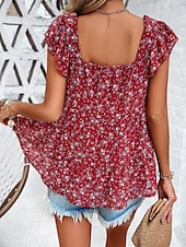 abordables Tops Graphiques pour Femmes-Femme Chemise Chemisier Floral mode Décontractées Manche Courte Col Carré Hauts réguliers du quotidien A Volants Imprimer Noir Jaune Rouge Beige Eté