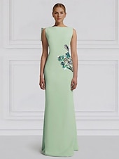 abordables Robes de Soirée-Robe de soirée colonne florale verte bleue robe élégante formelle brodée invité de mariage longueur sol sans manches col rond capes crêpe extensible avec paillettes 2025