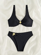 preiswerte Bikini-Sets-Damen Badeanzug Bikinis 2 Stück Bademode Rückenfrei Bauchkontrolle Hohe Taillenlinie Urlaub Strandbekleidung Feste Farbe V Ausschnitt Ärmellos Badeanzüge