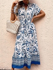 tanie Wakacyjne sukienki-Damskie Sukienka maxi Sukienka A line Sukienka w kwiatki Sukienka Boho Elegancki Codzienny Urlop Codzienny Regularny Kwiaty Krótki rękaw W serek Niebieski Lato Wiosna