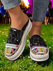 levne Pohodlné sandály-dámské zlaté flitrové tenisky na platformě mules – třpytivé slip-on boty s vyšívanými detaily pro festivaly, párty a street fashion
