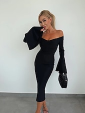 preiswerte Bodycon für den Klub-Damen Midikleid Etuikleid Midi-Kleid Elegantes Kleid Elegant Ausgestellter Ärmel Täglich Regular Fit Feste Farbe Langarm Schulterfrei Schwarz Fuchsie Aprikose Herbst