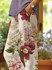 baratos Calças de perna reta-Calças de Algodão e Linho Femininas Calças Largas Estilo Linho Moda Estilo de Rua Comprimento Total Cintura Alta Estampas Gráficas Florais Térmicas Quentes Respirável Macio Microelástico Para o Dia a