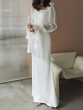 preiswerte Kleine weiße Kleider-Empfang Kleine Weiße Kleider Hochzeitskleider Etui-/Säulen Quadrat-Ausschnitt Lange Ärmel Bodenlänge Chiffon Brautkleider mit Schleife(n) Einfarbig