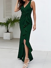 abordables Robes pour invitées de mariage-Trapèze Robes d&#039;invité de mariage Fente latérale Robe robe demoiselle d honneur Asymétrique Sans Manches Col V Invité de mariage d&#039;automne Crêpe Stretch avec Ruché Volants Fendue 2025