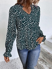 billige Kvinne Grafiske Topper-Dame Skjorte Bluse Blomstret Stilfull Fritid Langermet V-hals Vanlige topper Daglig Trykt mønster Vin Grønn Beige Sommer Vår