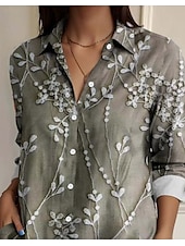 preiswerte Blumenoberteile-Damenhemd Floral Elegant Vintage Alltag Langarmhemd Kragen Regelmäßige Tops Arbeit Tägliches Leinenähnliches Druck Salbeigrün Sommer Frühling
