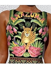 billiga One-piece-baddräkter-Damernas baddräkter En-delad Monokini baddräkt Rygglös Stomach Control Hög midja Slank Semester Strandkläder Grafisk Djur Rund hals ärmlösa baddräkter