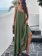 preiswerte Einfaches Kleid-Damen Maxi Kleid Strandkleid Slip Kleid Urlaub Strandurlaub Unifarben Lässig Täglich Lockere Passform Grafik Ärmellos Träger Schwarz Rot Himmelblau Grün Sommer