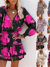 billiga Casual blommiga klänningar-Dam Mini klänning Vardagsklänning Sommarklänning Klänning med tryck Mode Utomhus Helgdag Datum Normal Blommig Långärmad Djup V-hals Gul Kaki Rosenröd Sommar Vår