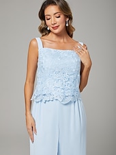 abordables Longueur du plancher-Combinaison Robe de Mère de Mariée  Formel robe demoiselle d honneur Elégant Echarpe incluse Col Carré Longueur Sol Mousseline de soie Dentelle Sans Manches Echarpe incluse avec Appliques 2025