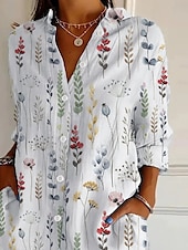 preiswerte Blumenblusen-Damenbluse aus leinenähnlichem atmungsaktivem leichtem knöpfbarem Tunika-Shirt mit Kragen langen Ärmeln floralem Grafikdesign täglich stilvoll retro vintage regelmäßige Tops Alltag Urlaub Ausgehen