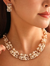 abordables Collar de mujer-Conjunto de collar y pendientes de perlas de imitación de lujo: elegante joyería nupcial bañada en oro para bodas, fiestas y eventos formales