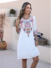 cheap Casual Dress-Valentine&#039;s Day Women&#039;s Normal Mini Dress Boho Chic Dresses A Line Dress Bohemia Stylish Classic Elbow Sleeve Vacation Party Casual Form Fit Floral Plain 3/4 Length Sleeve Crew Neck Black White Summer