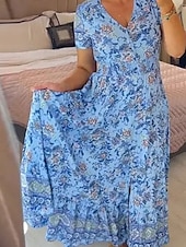 olcso Vakációs ruhák-Női Maxiruha hétköznapi ruha Boho ruha Elegáns Stílusos Alkalmi Vakáció Hétköznapi Napi Normál Virágos Rövid ujjú V-alakú Arcpír rózsaszín Sötétkék Bíbor Világoskék Nyár Tavasz