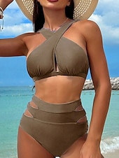billiga Bikiniset-Dam Badkläder Bikini 2 st Kalsonger Baddräkt Öppen rygg Smal Semester Standkläder Ensfärgat Halterneck Ärmlös Baddräkter