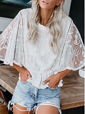 economico Top eleganti-Per donna Camicia Camicia in pizzo Top con cuciture in pizzo Blusa Tinta unica Elegante Moda Informale Mezza manica Maniche ad aletta Girocollo Top regolari Invitati del matrimonio Giornaliero Per