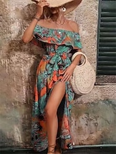 preiswerte Blumenkleider-Damen Midi Kleid Korsett Kleid Rüschens Kleid Off-the-Shoulder Kleid Urlaub Strand Urlaub Täglicher Regular Fit Grafik Kurzarm Off-Shoulder Gelb Hellgrün Himmelblau Orange Sommer