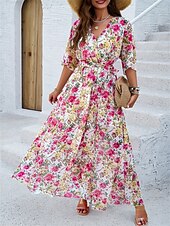 tanie Sukienki kwiatowe-Damskie Sukienka maxi Sukienka kopertowa Sukienka tiulowa Urlop Styl plażowy Urlop Codzienny Plaża Regularny Graficzny Rękaw 1/2 W serek Biały Rumiany róż Królewski błękit Niebieski Lato
