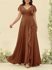 baratos Vestidos para Madrinhas-Linha A Vestido de Madrinha Decote V Manga Curta Elegante Longo Chiffon com Fru-Fru / Franzido 2022