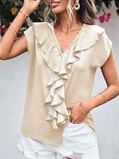 preiswerte Damen Einfache Oberteile-Damen Hemd Bluse Feste Farbe Elegant Täglich Stilvoll Kurzarm Fledermaus Ärmel V Ausschnitt Normale Oberteile Arbeit Täglich Abendgesellschaft Knopf Orange Grün Beige Sommer Frühling