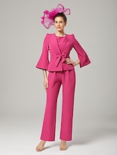 preiswerte Overalls für Mütter-Zweiteilige Jumpsuits Mutter der Braut Elegant Wickel enthalten Juwelen-Hals Knöchellänge Stretch-Chiffon 3/4 Länge Ärmeln mit Bandage 2025