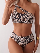 billiga Bikiniset-Dam Badkläder Bikini 2 st Kaxig Baddräkt Öppen rygg Smal Semester Standkläder Leopard Asymmetrisk hals Ärmlös Baddräkter