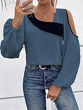 preiswerte Damen Einfache Oberteile-Damen Hemd Bluse Farbblock Elegant Täglich Stilvoll Langarm Laternenärmel U-Ausschnitt Normale Oberteile Arbeit Täglich Festtage Patchwork Wein Blau Beige Frühling Herbst