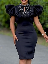 voordelige Bodycon uitgaansjurkjes-Dames Halflange jurk Gala jurk Feestjurk Satijnen Jurk Bruiloft gast jurk Elegant Formeel Feest Bruiloft gast Verloving Normale pasvorm Effen Korte mouw Coltrui Zwart Wit Blozend Roze Rood Zomer