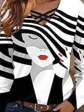 abordables T-shirt rayé et géométrique-Femme T shirt Graphic Géométrique Décontractées manche longue Col V Hauts réguliers du quotidien Découpé Imprimer Noir et blanc Printemps Automne