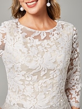 baratos Comprimento do chá-Vestido A-Line Mãe da Noiva Convidada de Casamento Elegante Decote Transparente Midi de Chiffon com Tule e Mangas 3/4 com Pregas e Aplicações 2025