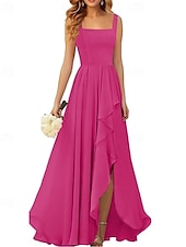 baratos Vestidos para Madrinhas-Linha A Vestido de Madrinha Correias / Decote Quadrado Sem Manga Elegante Longo Chiffon / Elastano com Pregas / Fru-Fru / Pregueado 2022
