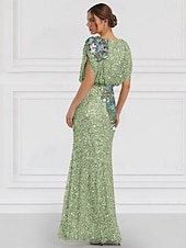 billige GRØNN-Grønn Kolonne Kveldsdrakt Brodert Elegant Kjole Formell Bryllup Gulvlengde Kortermet Juvel Hals Pailletter med Glitrende