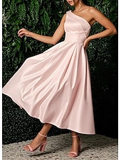 abordables Petites Robes Blanches-Robe blanche de graduation de fiançailles robe de mariage A-Line une épaule sans manches longueur thé en satin robes de mariée avec poche