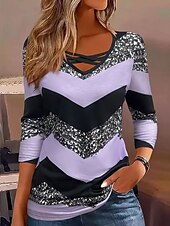 ieftine Tricou cu dungi și geometric-Pentru femei Tricou Dungi Casual Manșon Lung În V Topuri obișnuite Zilnic Imprimeu Mov Primăvară Toamnă
