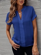 abordables Hauts de Travail pour Femmes-Femme Chemise Chemisier Couleur unie mode Décontractées Manche Courte Col cranté Hauts réguliers du quotidien Noir Blanche Bleu Fuchsia Eté Printemps