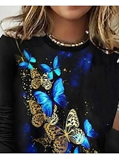 cheap Floral tee-Women&#039;s T Shirt Graphic Butterfly Casual Long Sleeve Crew Neck Regular Tops Daily Print Black Spring Fall